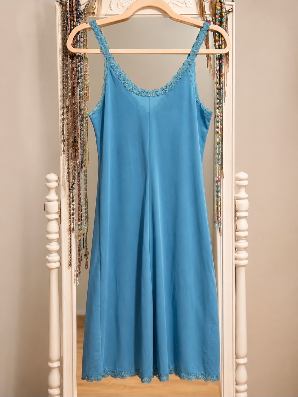 Vintage Turquoise Blue Lace Trim Slip Nightgown - Picture 2 of 5